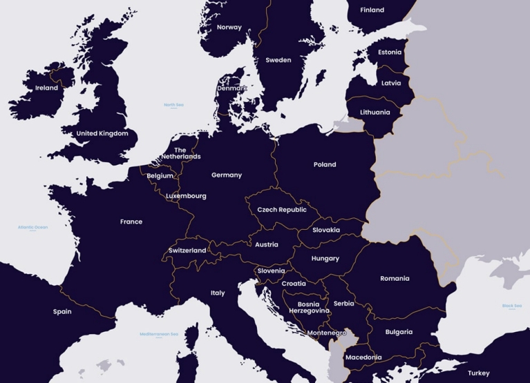 Mapa de 33 países incluidos en la red ferroviaria de Interrail