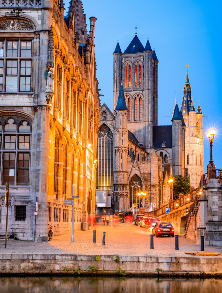 View of Ghent, illuminated during twilight
