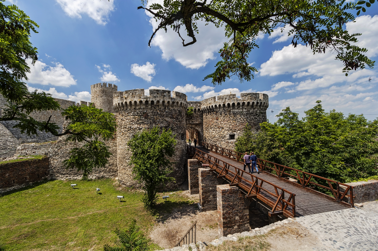 Imagen de las ruinas de la fortaleza de Belgrado rodeadas de árboles y campos verdes