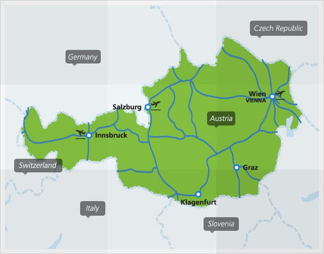Mapa con las principales conexiones de tren en Austria