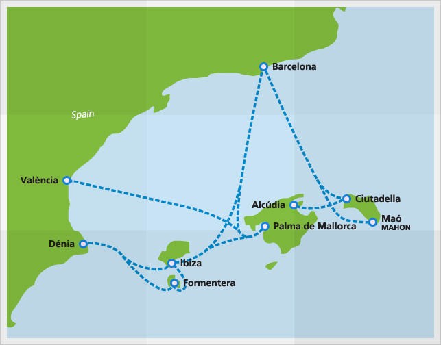 Mapa con las rutas del ferry Balearia