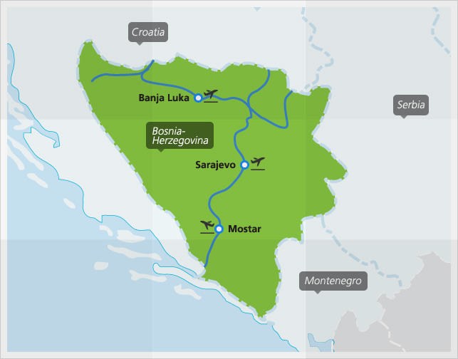 Kaart met de belangrijkste treinverbindingen in Bosnië-Herzegovina