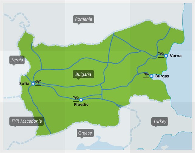 Kaart met de belangrijkste treinverbindingen in Bulgarije