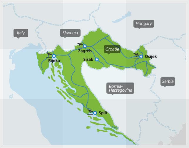 Carte des principales connexions ferroviaires en Croatie