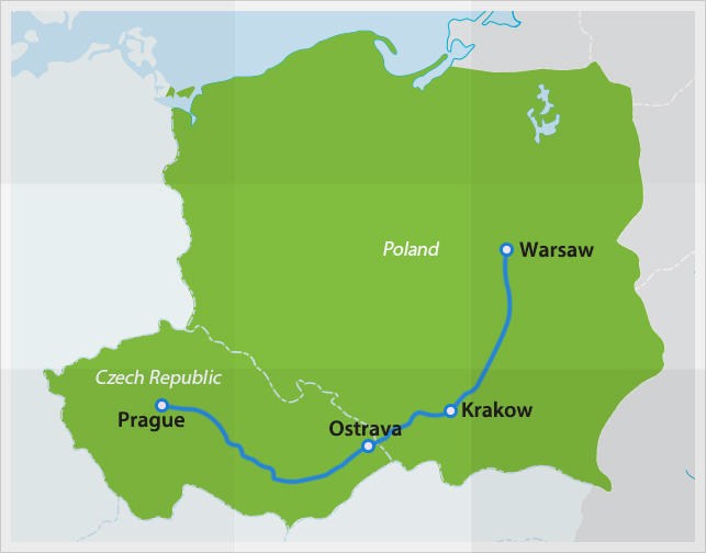 Mapa con la ruta de tren nocturno de la República Checa a Polonia