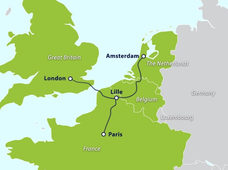 Kaart met Eurostar routes