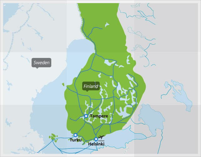 Kaart met de belangrijkste treinverbindingen in Finland