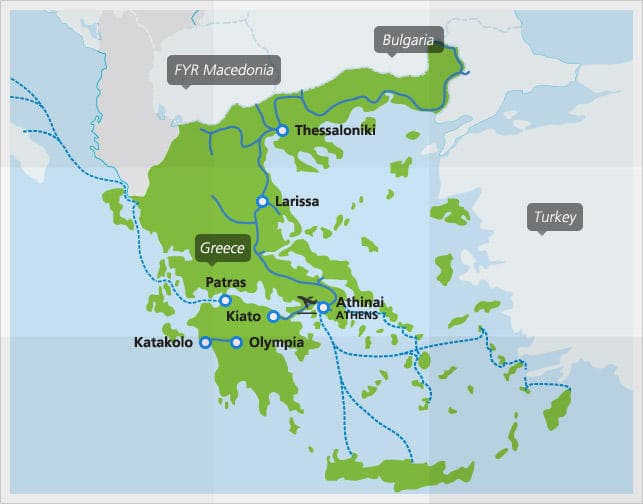 Kaart met de belangrijkste treinverbindingen in Griekenland