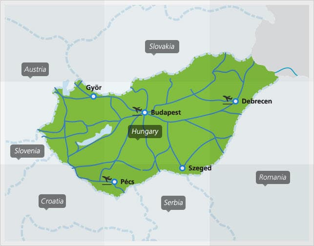 Kaart met de belangrijkste treinverbindingen in Hongarije