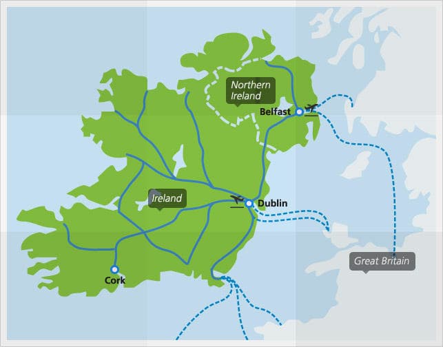 Kaart met de belangrijkste treinverbindingen in Ierland