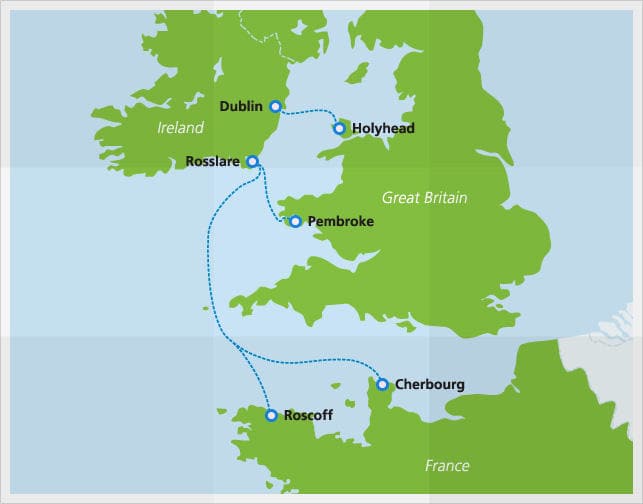 Kaart met routes van Irish Ferries