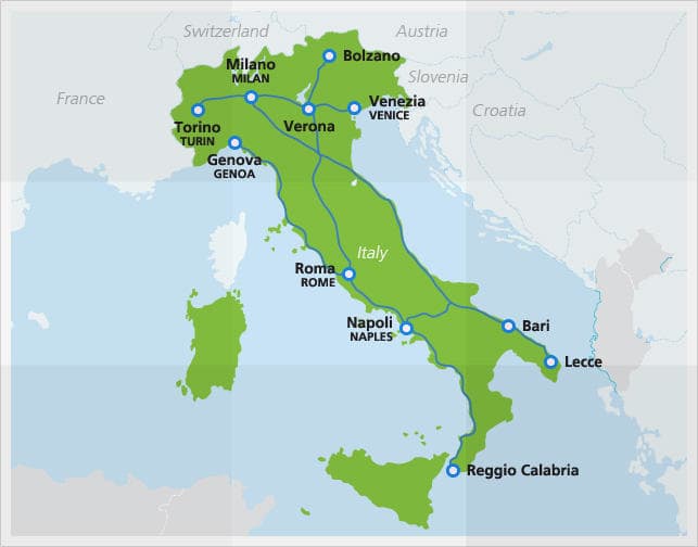 Mappa delle tratte dei treni Le Frecce