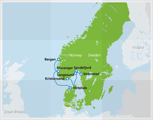 Kaart met de veerbootroutes van Fjordline