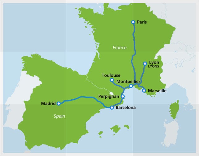 Mapa con las rutas del tren de alta velocidad Renfe-SNFC
