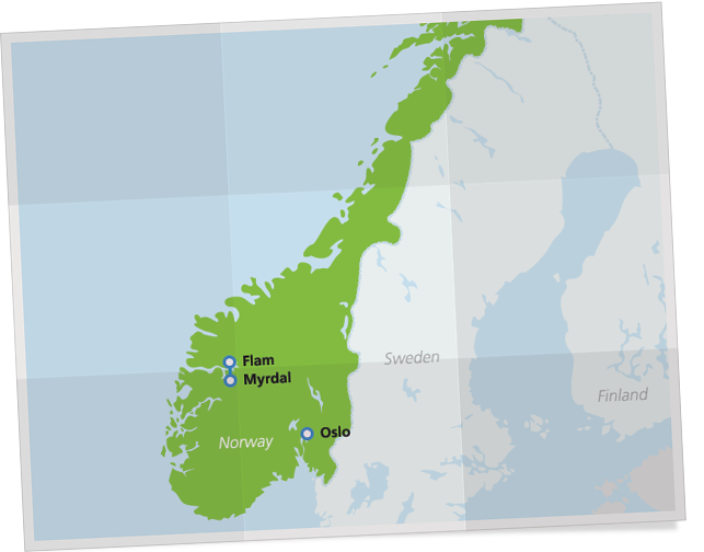 Kaart met route van de Flåmtrein