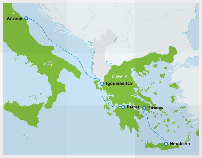 Karte mit Fährstrecken von Minoan Lines