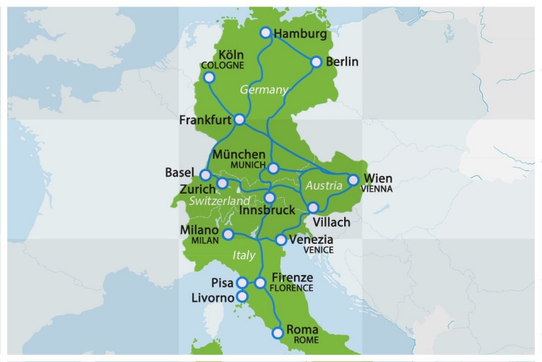 Mappa con le tratte dei treni ÖBB Nightjet