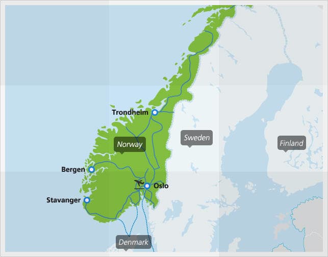 Kaart met de belangrijkste treinverbindingen in Noorwegen
