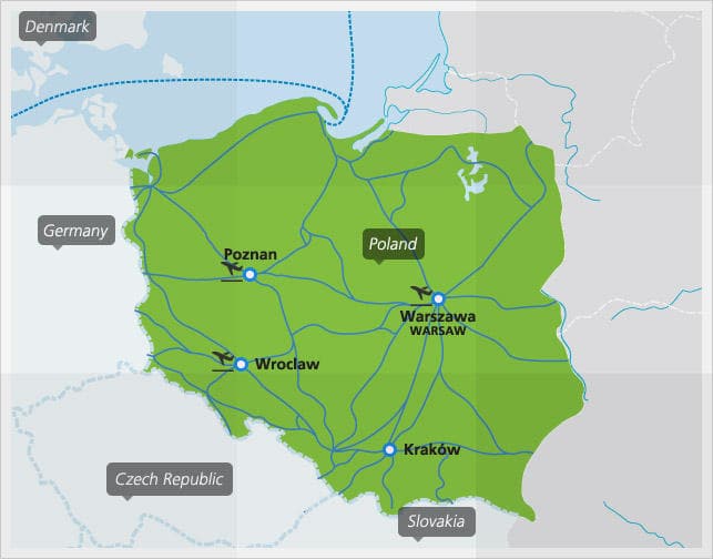 Kaart met de belangrijkste treinverbindingen in Polen