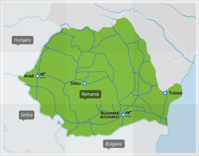 Kaart met de belangrijkste treinverbindingen in Roemenië