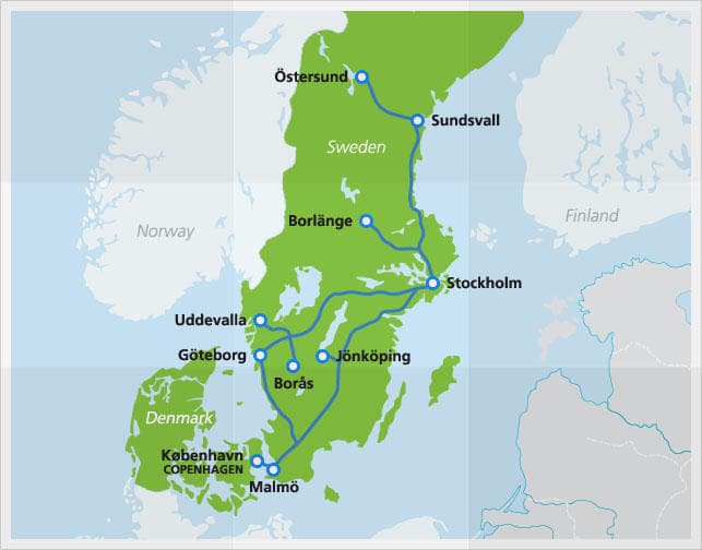 Nieuwe kaart met routes van SJ hogesnelheidstreinen