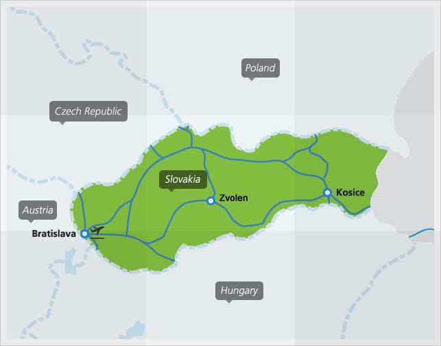 Kaart met de belangrijkste treinverbindingen in Slowakije