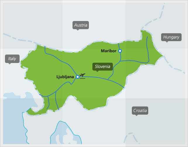Kaart met de belangrijkste treinverbindingen in Slovenië