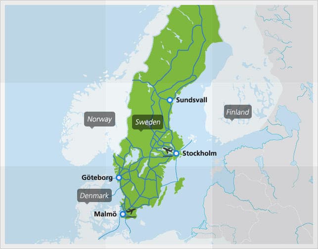 Kaart met de belangrijkste treinverbindingen in Zweden