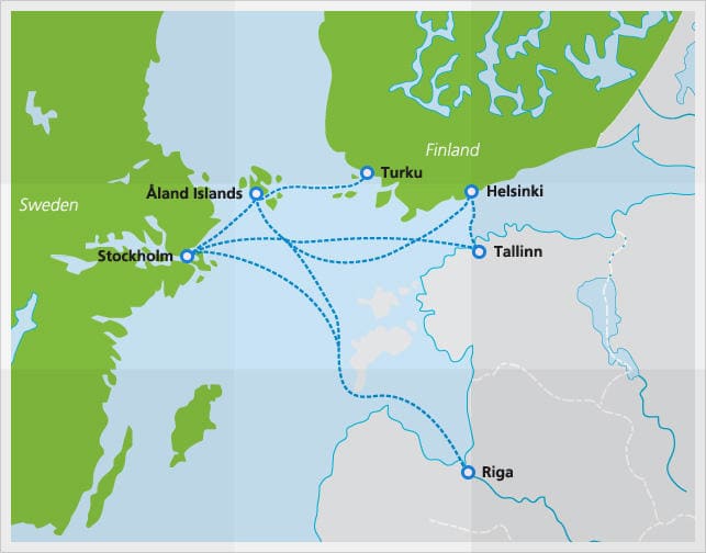 Kaart met veerbootroutes van Tallink Silja