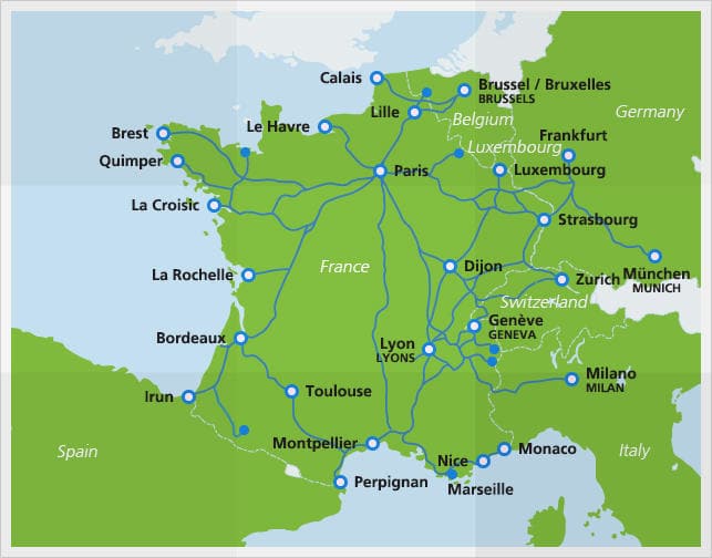 Mapa con rutas del TGV 2016