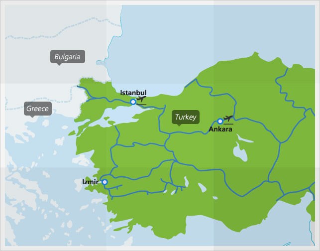 Kaart met de belangrijkste treinverbindingen in Turkije