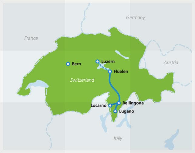 Kaart met route van de Gotthard Panorama Express