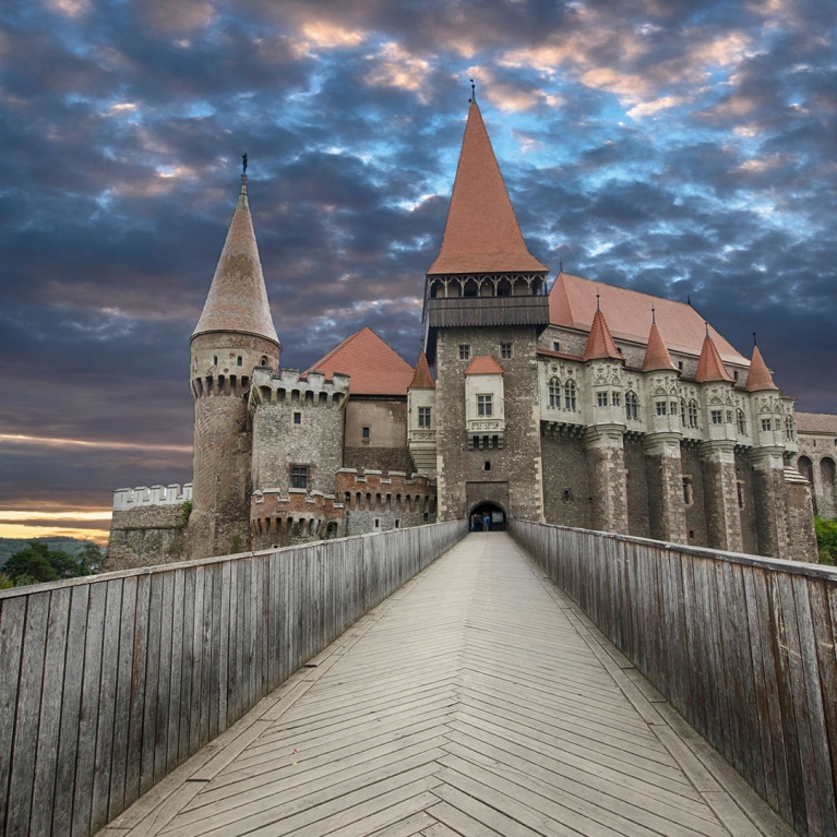 square-romania-corvin-castle-cloudy-sky