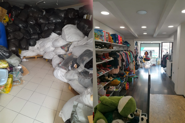 A la derecha, la tienda de Humana Zagreb. A la izquierda, bolsas de ropa donada recogidas por Humana Zagreb. (Crédito: Humana Zagreb)