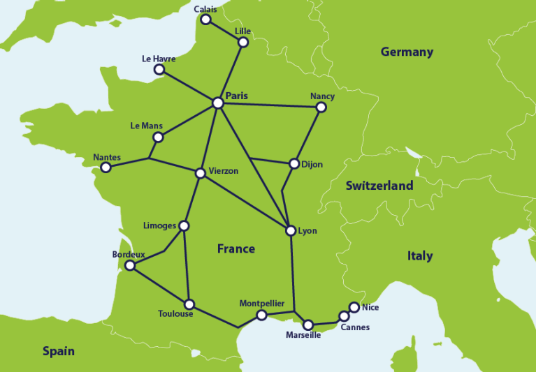 Karte mit Zugverbindungen in Frankreich