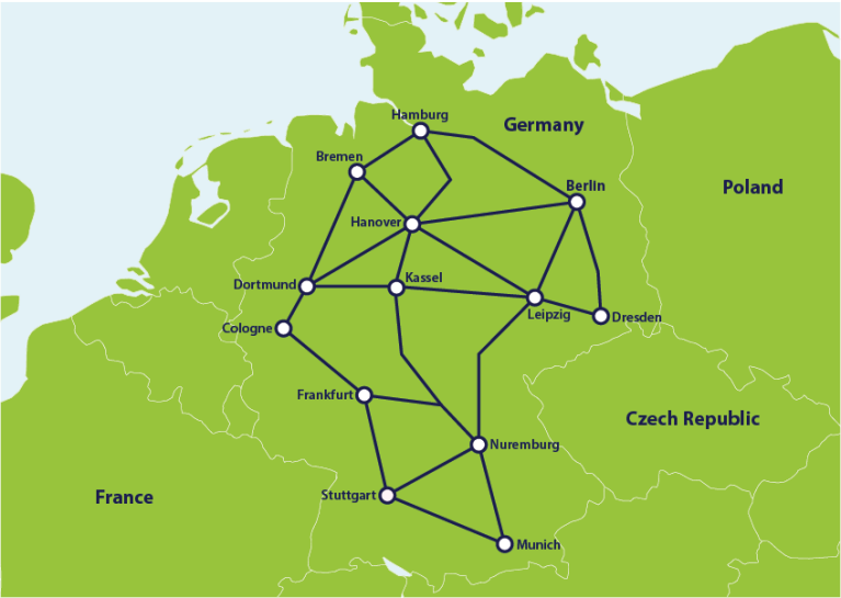 Kaart met de belangrijkste treinverbindingen in Duitsland