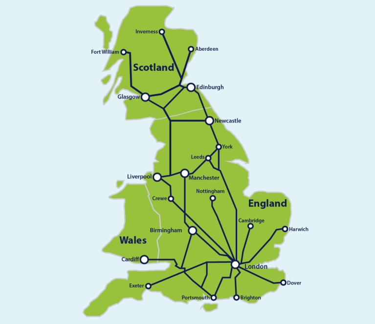 Kaart met de belangrijkste treinroutes in Groot-Brittannië