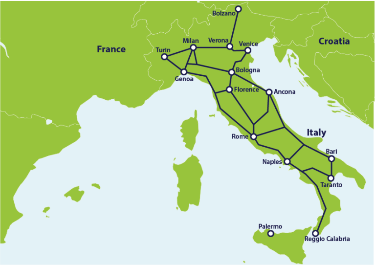 Map with main train routes in Italy