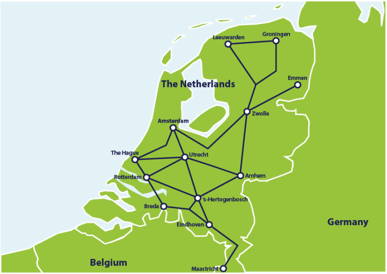 Kaart met de belangrijkste treinverbindingen in Nederland