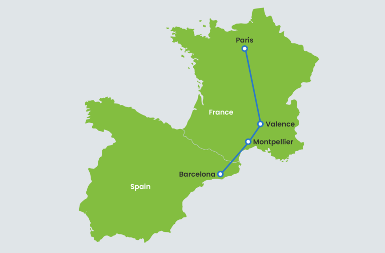 Map with train route of SNFC TGV INOUI high-speed train