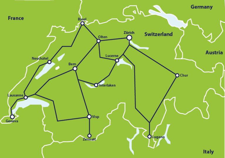 Kaart met de belangrijkste treinverbindingen in Zwitserland