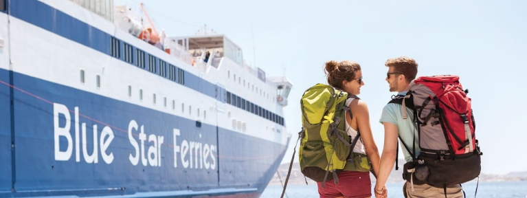attica-ferry-greece-islands-couple-backpackers-waiting