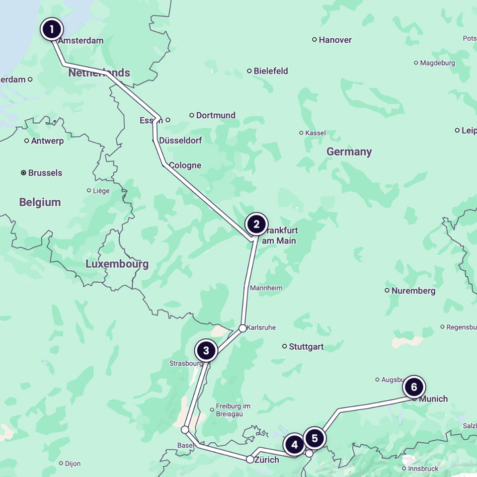 Eine Karte, die die Route von Amsterdam nach München zeigt