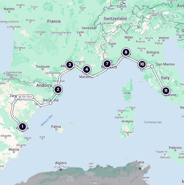 Karte der Reiseroute rund um das Mittelmeer von West nach Ost, die in Spanien beginnt und durch Frankreich nach Italien führt