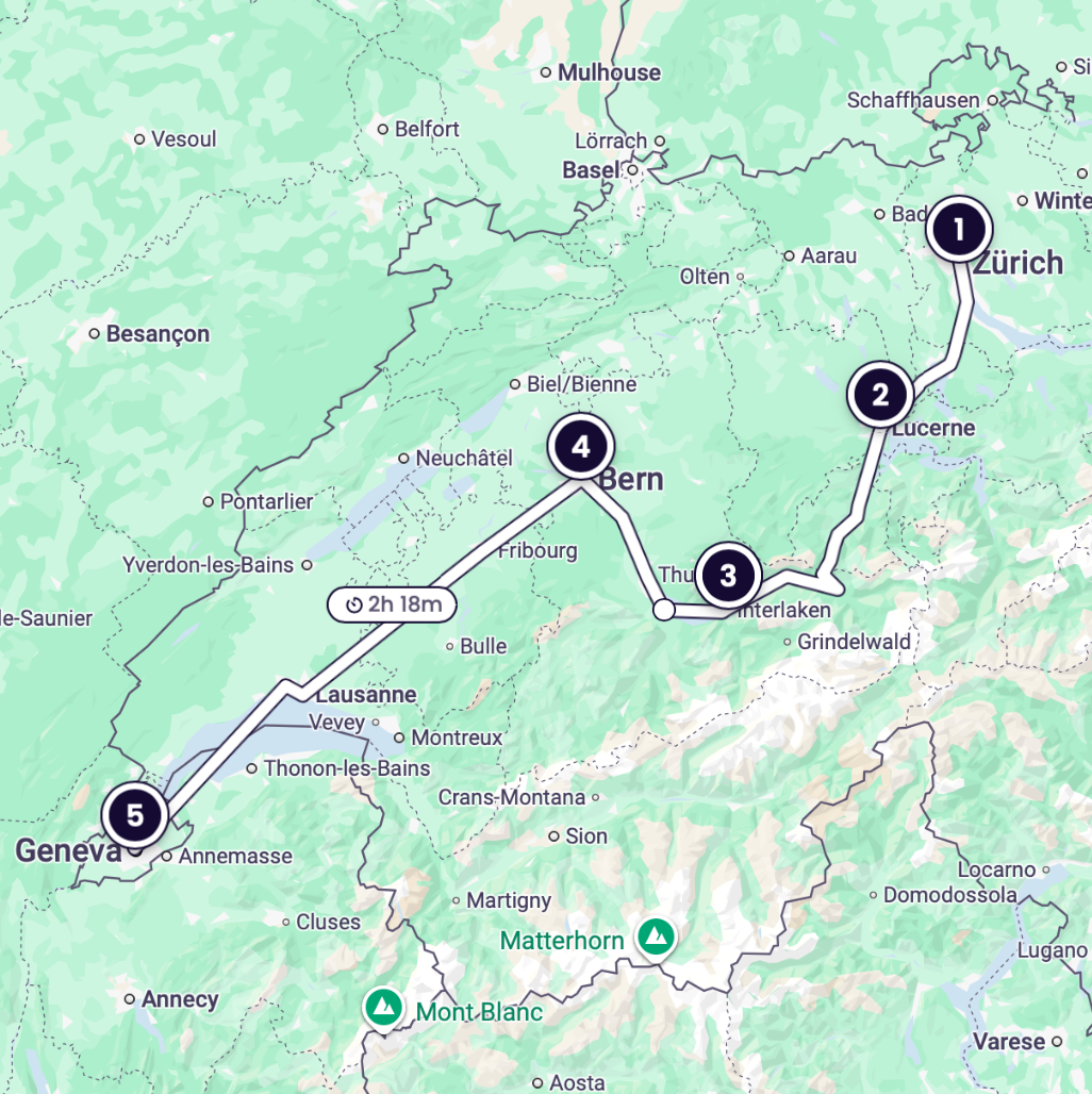 Eine Karte einer Zugroute durch die Schweiz