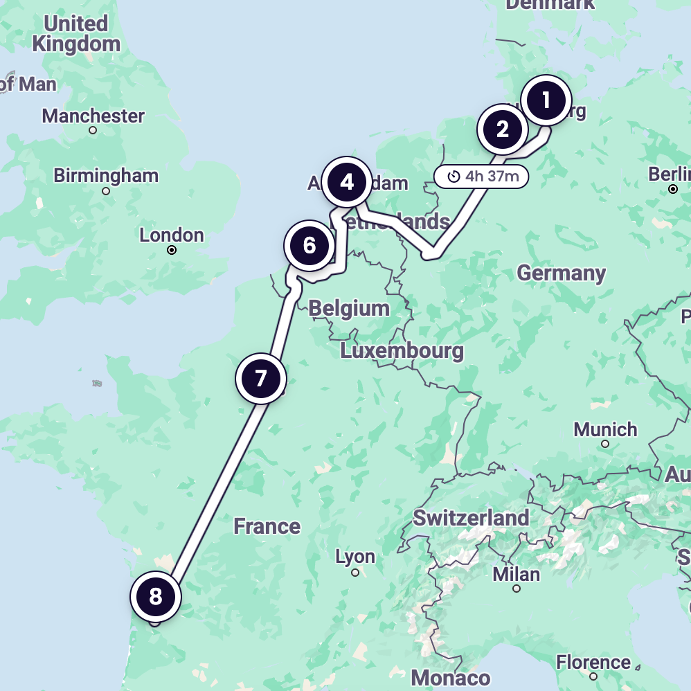 Eine Karte, die die Zugstrecke von Hamburg nach Bordeaux zeigt, mit Zwischenstopps in Bremen, Amsterdam, Den Haag, Gent, Brügge und Paris