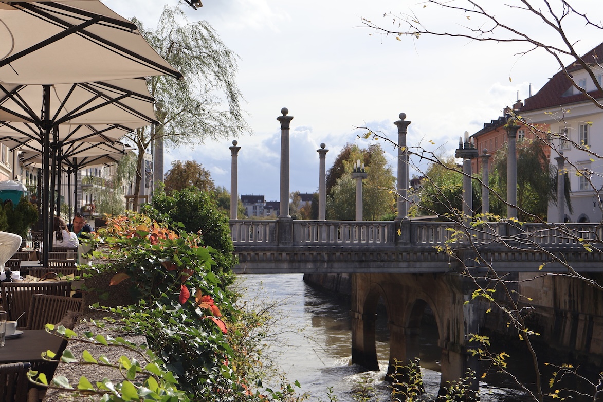 A bridge over a river in Ljubljana, with flowers growing along the roadside