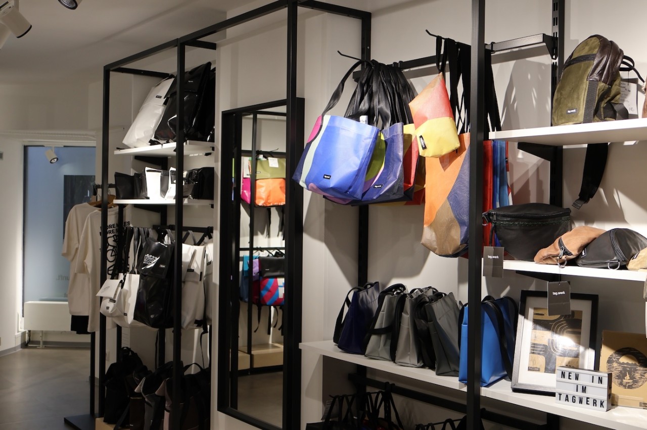 Colourful purses, bags and backpacks for sale at Tag Werk 