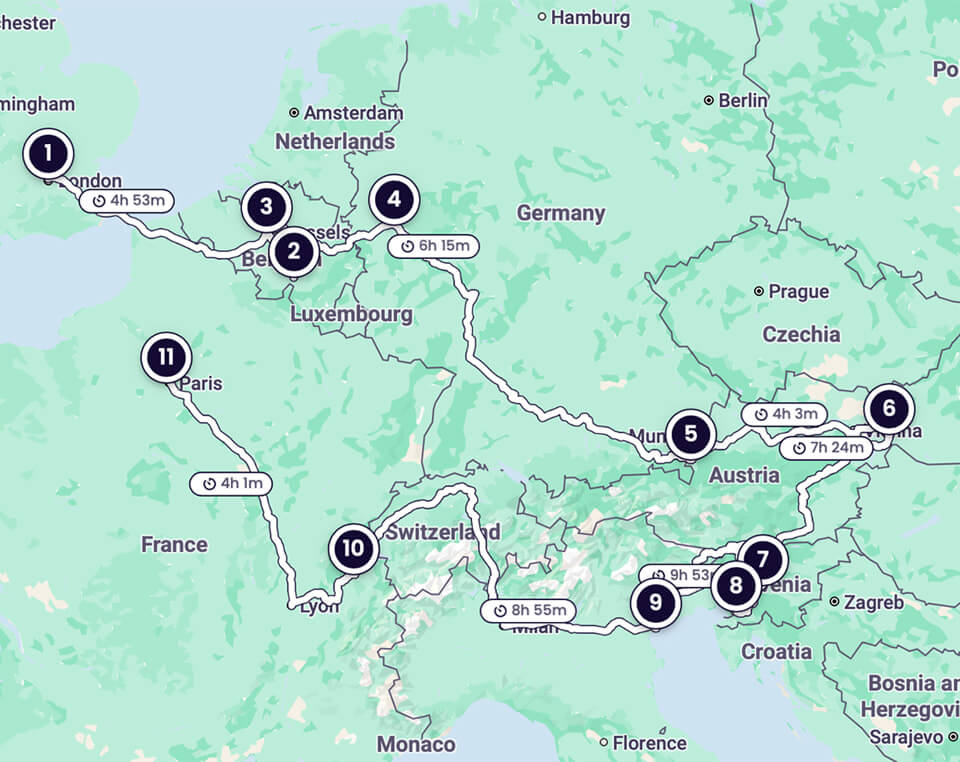 A map showing Jessica's route across Europe
