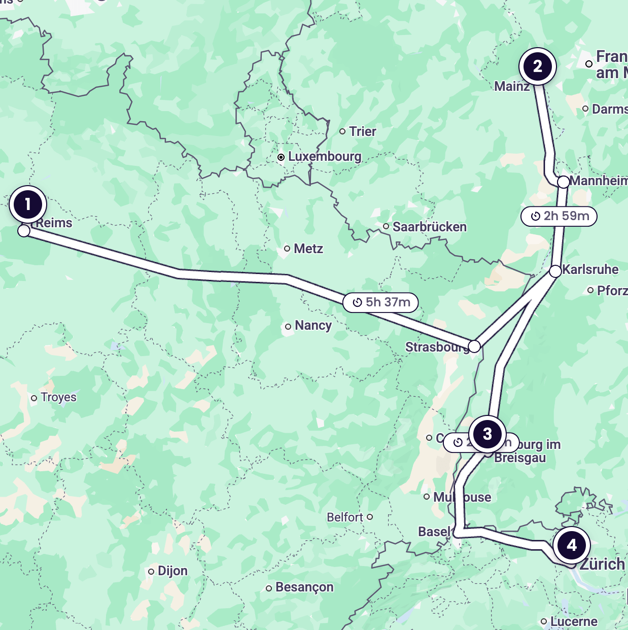 Mapa del itinerario desde Reims en Francia hasta Zúrich en Suiza